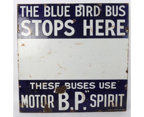 A Vintage blue and white enamel Motor BP Spirit bus advertising sign, The Blue Bird Bus Stops Here, These Buses Use Motor BP 