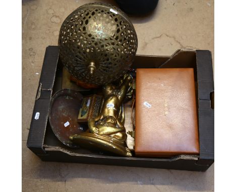 A carved Oriental figure, cherub wall bracket, jewellery case, boxes etc 