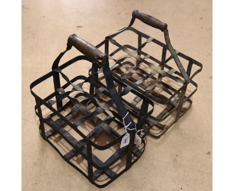 2 Vintage wrought-iron 6-section bottle carriers 
