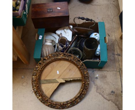 A tea caddy, brassware, jugs etc 