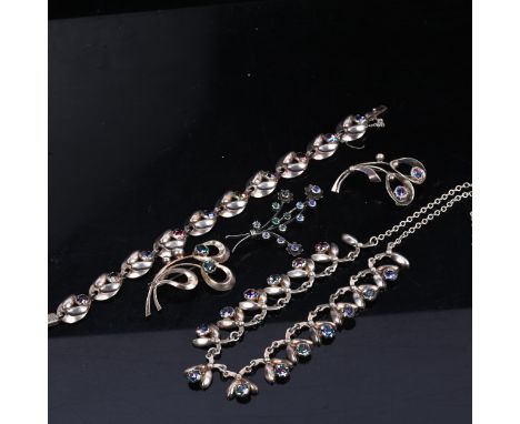 HERMANN SIERSBOL - a Vintage Danish stylised sterling silver and paste demi-parure, comprising necklace, bracelet and 3 brooc