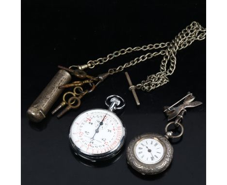 A Continental silver fob watch, a silver plated Albert chain, Excelsior Park stopwatch 