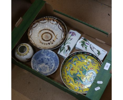 A Victorian hand painted and gilded scalloped bowl, A/F, a Chinese yellow ground ceramic 'dragon' bowl etc (boxful) 