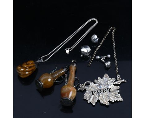A Victorian silver Port decanter label, a carved tigers eye pendant necklace, bullet money jewellery etc 