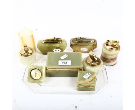 Vintage table lighters, onyx desk items etc 