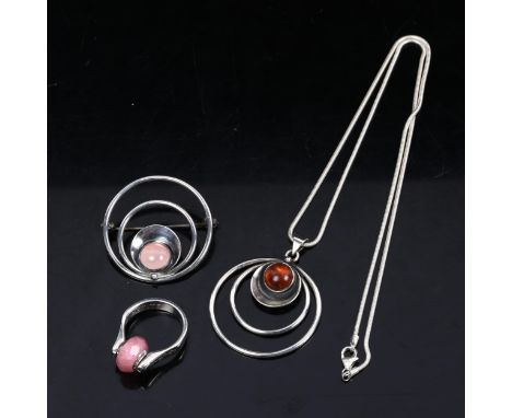 A Danish sterling silver stone set pendant necklace and brooch set, by Niels Erik From, and a Danish Petite swivel charm ring