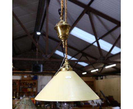 A brass rise and fall ceiling light fitting with glass shade, diameter 29cm 
