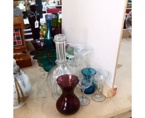 Amethyst glass vase, 33.5cm, cranberry, amethyst and green glassware etc 