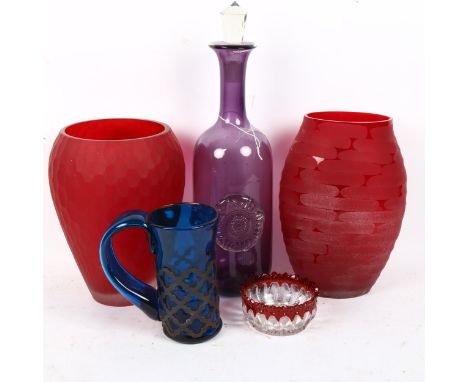 Art glass amethyst decanter and stopper, 43cm, a metal-clad blue glass mug, 2 red glass vases etc 