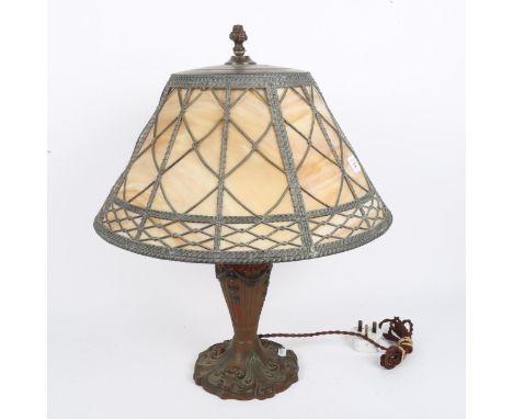 A Tiffany style marbled leadlight glass and brass table lamp and shade, overall height 50cm 