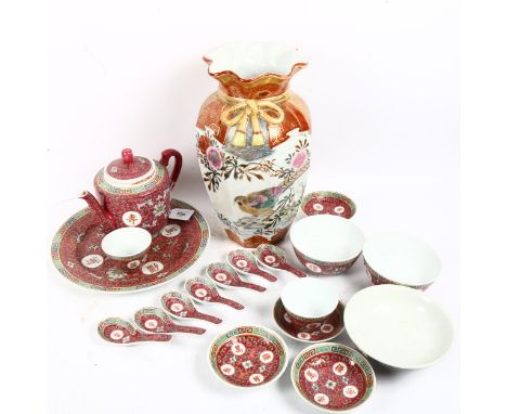 A modern Chinese pink ground tea service, teapot height 16cm 