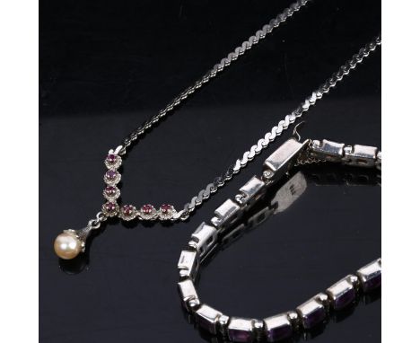 A silver pearl and ruby necklace, and a heavy silver and amethyst bracelet (2) 