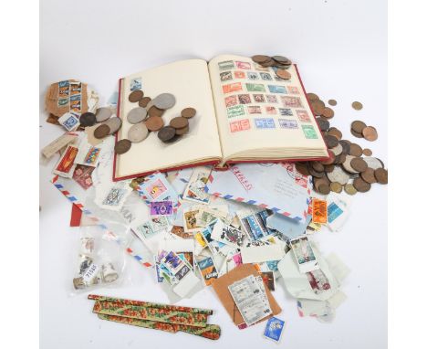 Various Vintage world postage stamps, coins, thimbles and mauchline ware desk set (boxful)