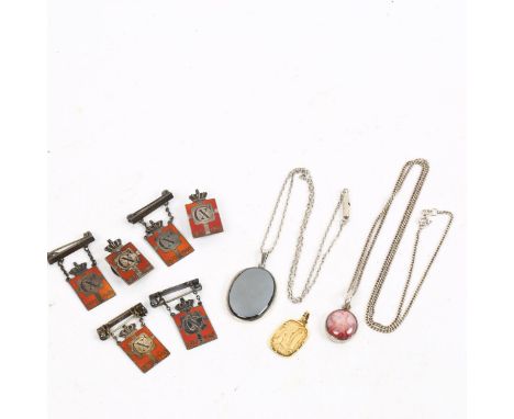 6 Georg Jensen silver and red enamel Kingmark badges and brooches, a haematite pendant etc 