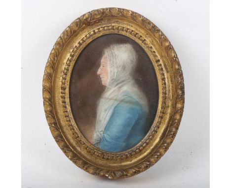 A miniature portrait, female profile, gilt-metal oval frame, overall height 16cm 