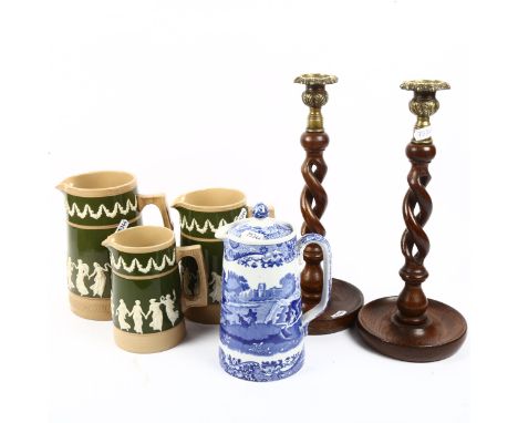 A pair of oak open twist candlesticks, 30cm, 3 Ridgways jugs, and a Spode Italian water jug 