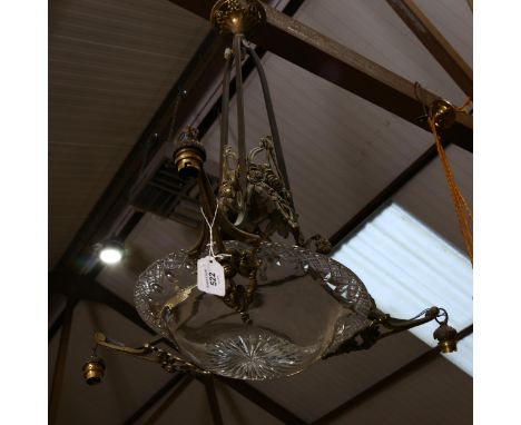 A large brass 3-branch ceiling light, with fitted clear glass bowl, height 82cm 