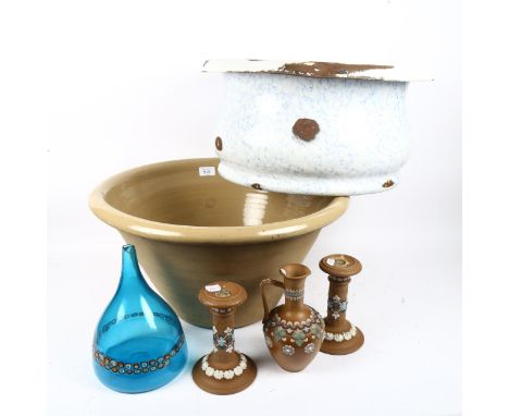 A crock, diameter 50cm, enamel footbath, Doulton candlesticks and vase etc 