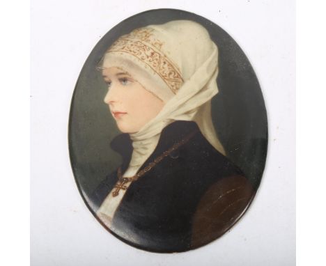After Friedrich Auguste Von Kaulbach, hand painted oval porcelain plaque, portrait of Renaissance lady with cross, unsigned, 