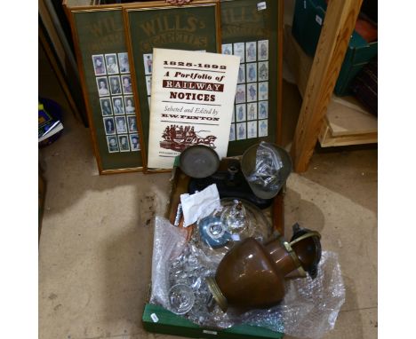 Libra balance scales, glass ceiling light shade, copper and brass flagon etc (boxful) 