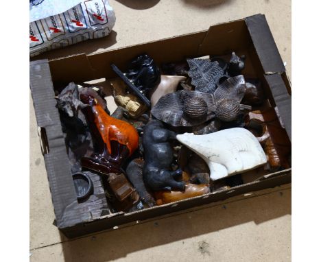 A quantity of wood carvings, including Black Forest bears, and inkwell 