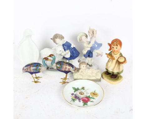 A pair of Oriental cloisonne enamel bird figures, ceramic figures etc 