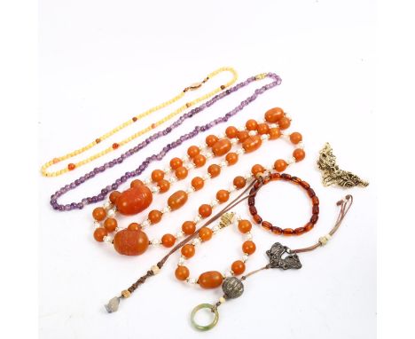 Various jewellery, including amethyst bead necklace, amber and pearl matching necklace and bracelet set etc 