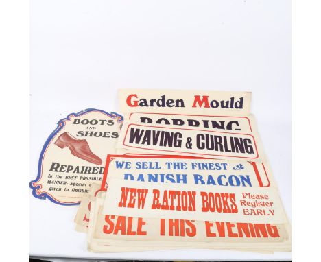 A group of Vintage printed sheet shop advertising signs, by Samuel Reeves Limited, including Boots And Shoes Repaired, New Ra