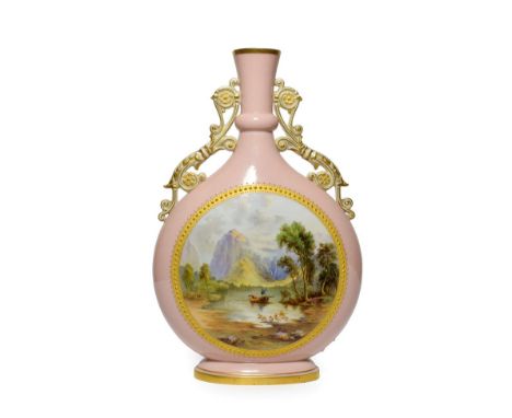 A Graingers Worcester Porcelain Moon Flask, circa 1880, with scroll handles, painted with a mountainous river landscape on a 