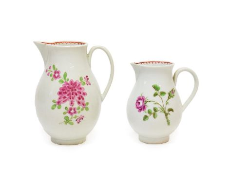 A First Period Worcester Porcelain Sparrow Beak Jug, circa 1770, painted in colours with a rose spray and scattered flowers, 