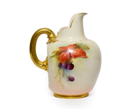 A Royal Worcester Porcelain Ewer, by Kitty Blake, 1911, of flattened ovoid form, painted with fruiting blackberries within gi