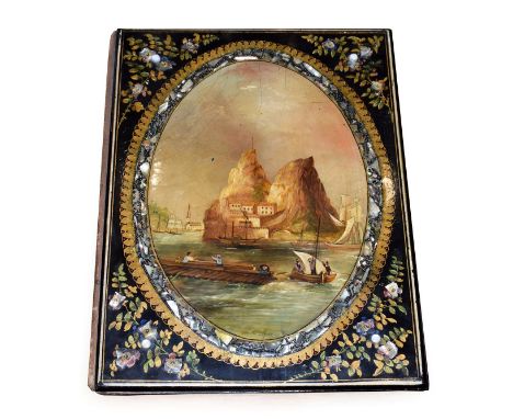 A Victorian Papier Mâché Desk Blotter, 19th century, of rectangular form, the cover painted with a view of Dumbarton Castle o