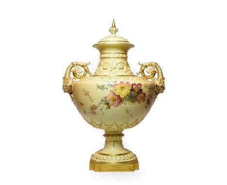 A Royal Worcester Porcelain Twin-Handled Vase and Cover, 1894, of urn shape with scroll handles and scroll moulded neck, deco