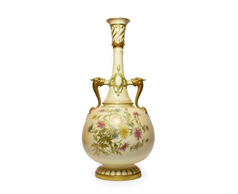 A Royal Worcester Porcelain Bottle Vase, 1869, with mythical beast handles and strapwork bands, decorated with sprays of flow