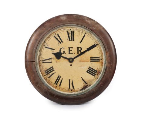 A Mahogany Great Eastern Railway Wall Timepiece, late 19th century, side and bottom doors, wooden dial surround stamped to th