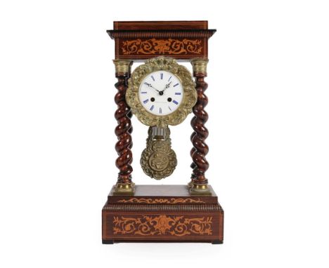 A Rosewood Inlaid Portico Striking Mantel Clock, signed Troup A Paris, circa 1870, case with floral and scroll inlay, enamel 