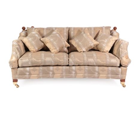 A Duresta Two-Seater Sofa, modern, batch ID number 227030, covered in cream and gold striped fabric decorated with dragons, w
