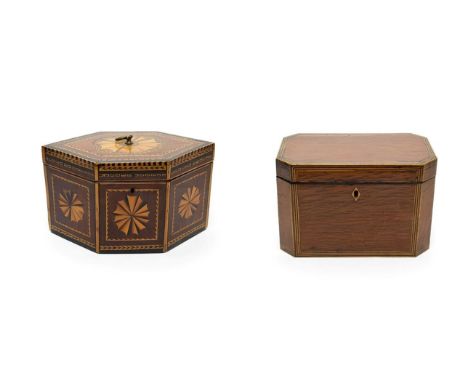 A George III Mahogany, Ebony and Parquetry Tea Caddy, of lozenge shape, decorated with oval paterae within geometric borders,