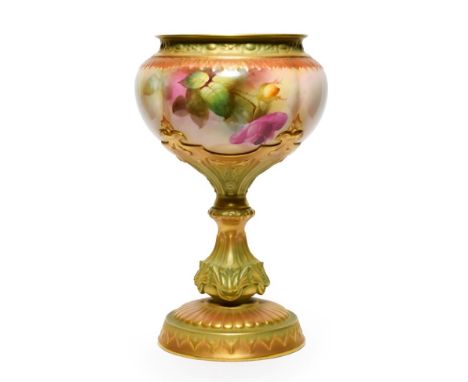 A Royal Worcester Porcelain Pedestal Vase, 1910, of ovoid form, painted with rose sprays within formal green, gilt and moulde
