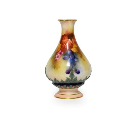 A Royal Worcester Porcelain Vase, in the manner of Kitty Blake, 1910, of fluted pear shape, painted with fruiting blackberrie