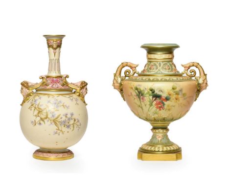 A Royal Worcester Porcelain Vase, 1898, of urn shape with scroll and mask handles, painted with sprays of flowers on a blush 