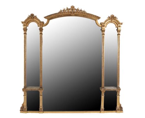 An Impressive Victorian Gilt and Gesso Overmantel Mirror, by C Nosotti, 2nd half 19th century, the arched triple plate divide