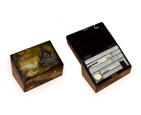 A Victorian Papier Mâché Stationary Box, of rectangular form, the sloping cover and sides each painted and mother-of-pearl in