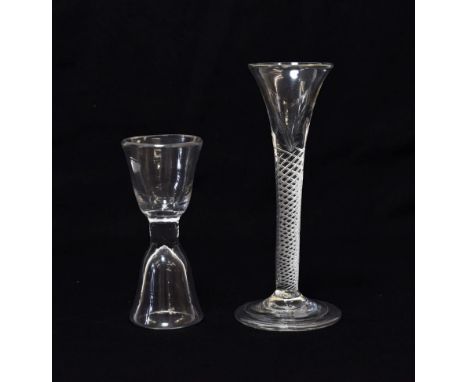 A Cordial Glass, circa 1750, the drawn trumpet bowl on an air twist stem and folded foot, 17cm high; and A Dram Glass, the tw