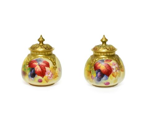A Matched Pair of Royal Worcester Porcelain Vases and Covers, by Kitty Blake, 1932/1940, painted with fruiting blackberries w