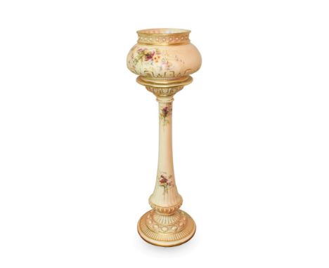 A Royal Worcester Porcelain Jardiniere and Stand, 1898, of compressed ovoid with formal moulded borders, the stand of fluted 