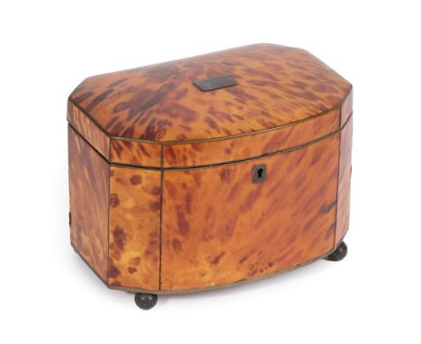 A Regency Tortoiseshell Tea Caddy, of canted bombé rectangular form, the domed cover set with a plaque enclosing two lidded c