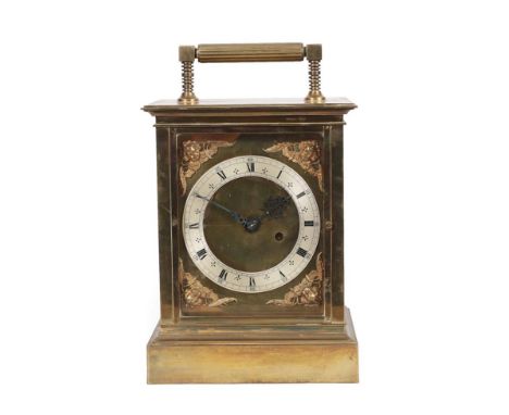 A Brass ''Giant'' Size Carriage Timepiece, early 20th century, carrying handle, glazed panels, brass dial with a silvered cha