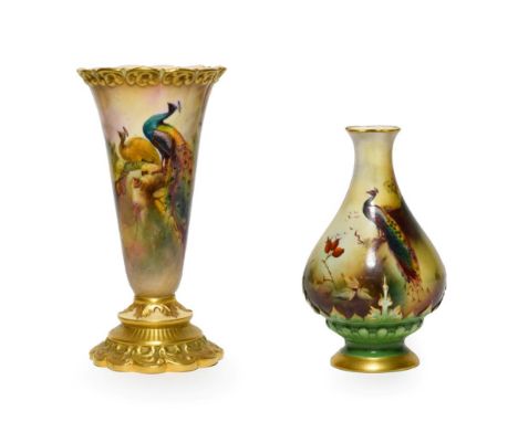 A Royal Worcester Porcelain Vase, by Walter Sedgley, 1913, of conical form with scroll moulded rim and foot, painted with pea