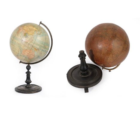 A Peter J Oestergaard 13 Inch Terrestrial Table Globe, late 19th/early 20th century, on a turned ebonised wooden stand, 59cm 